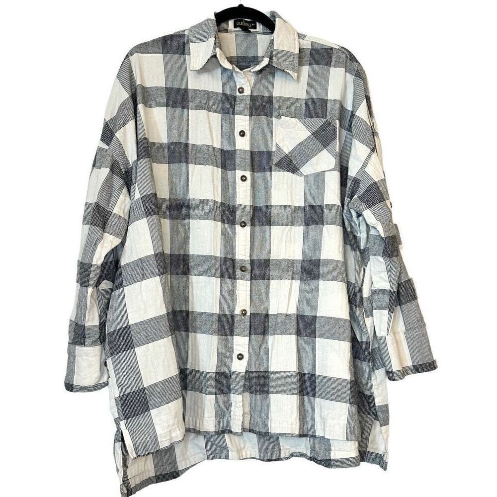 Audrey 3+1 Plaid Roll Tab Long Sleeve Button-Up Shirt  Black & White Medium